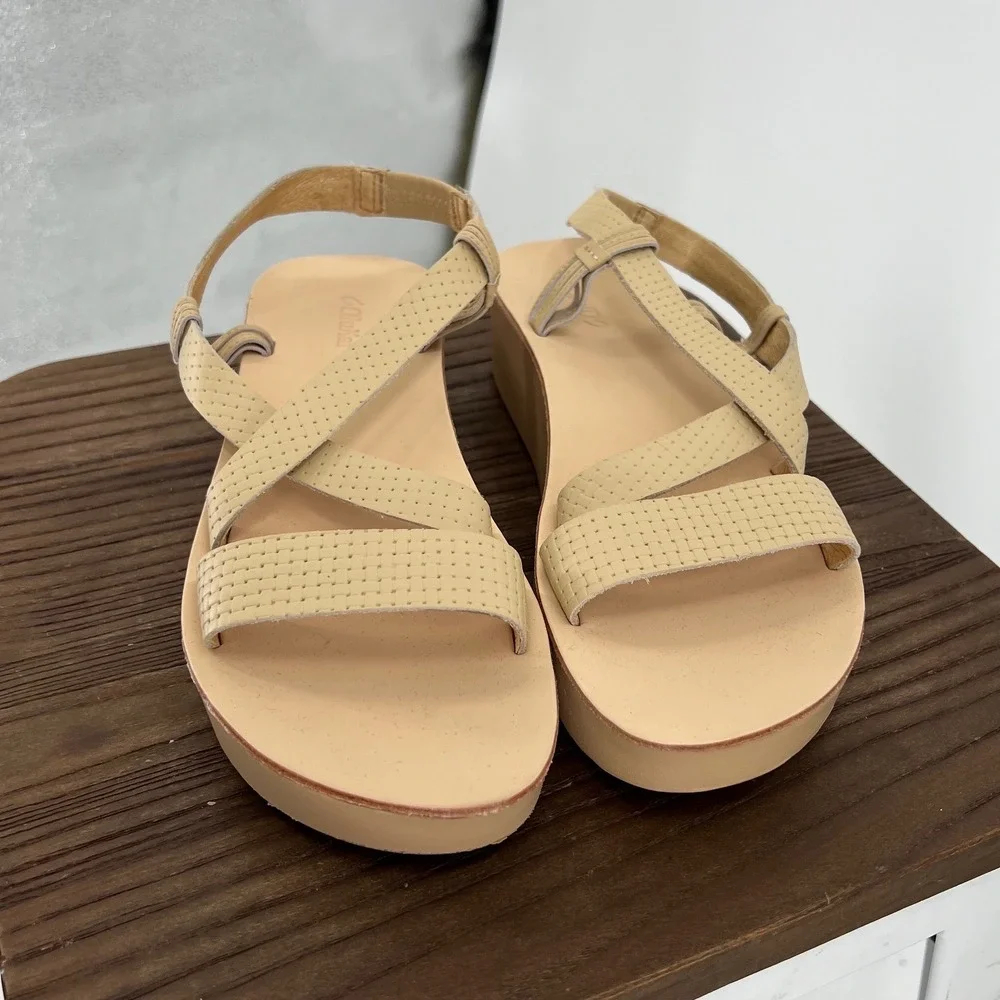 OluKai Onohi Strappy Leather Platform Sandals Beige Tan 20529-BVBV Womens 7